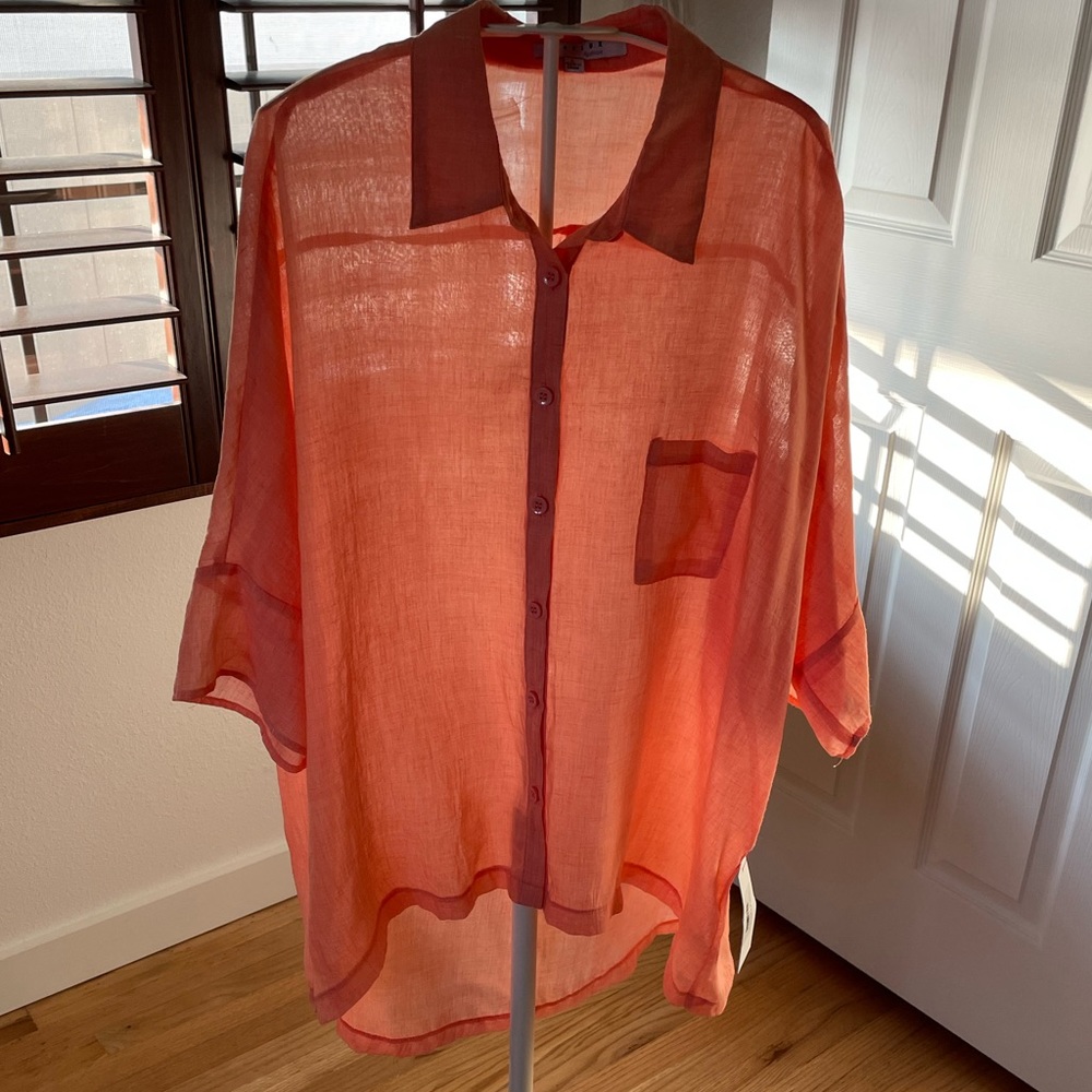 FAVLUX Short Sleeve Button Down High Low Blouse Large
